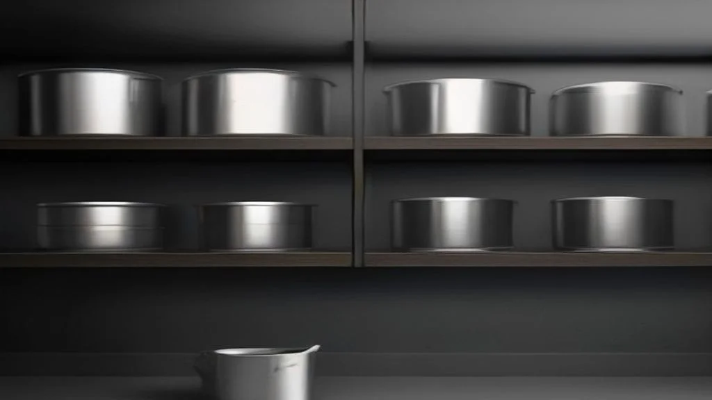 Eine dunkel ausgeleuchtete, menschenleere Großküche mit offenen Regalen und unbeschrifteten Edelstahlbehältern verdeutlicht mögliche Fehlerquellen beim Allergenmanagement in der Gastronomie.
