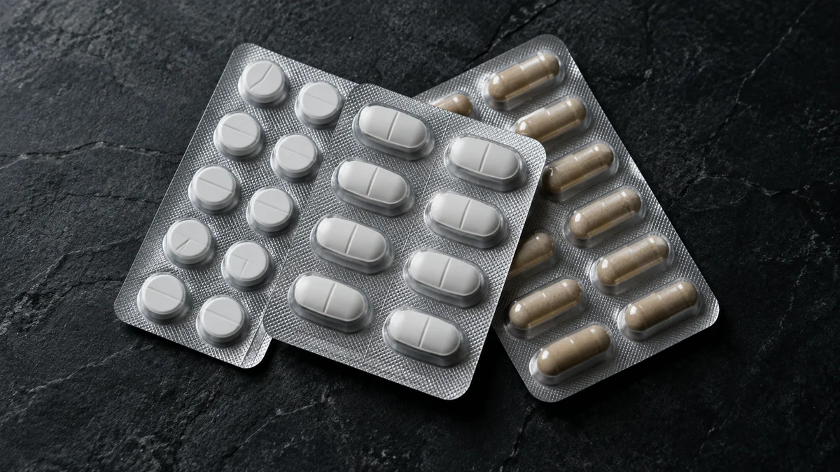 Drei leicht überlappende silberne Arzneimittelblister mit weißen Tabletten und beigefarbenen Kapseln liegen auf dunklem Stein und veranschaulichen das Thema KI-gestützte Interaktionsprüfung in der Apotheke.