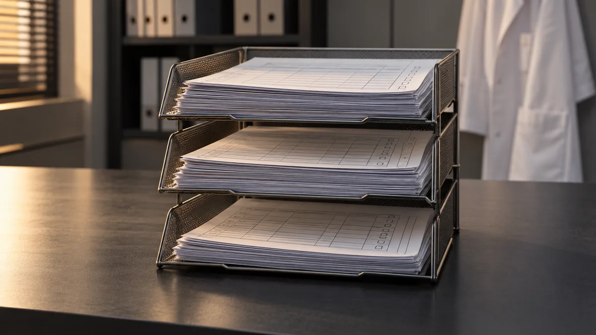 Eine dreistufige Metallablage mit dicken Stapeln weitgehend unausgefüllter Tabellenformulare auf einem dunklen Schreibtisch veranschaulicht den Dokumentationsaufwand für Hochrisiko-KI nach dem AI Act in der Arztpraxis.