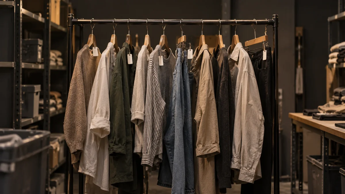 Ein schwarzer Kleiderständer mit Hemden, Strickwaren, Jacken und Jeans auf Holzbügeln steht im dunklen Lagerraum eines Bekleidungshändlers und veranschaulicht das Branchenumfeld des Artikels über KI mit Kundendaten und die DSGVO.