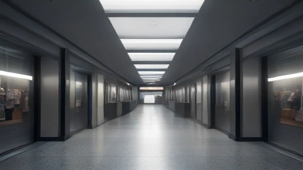 Eine menschenleere, dunkelgraue Ladenpassage mit Schaufenstern und zentraler Fluchtperspektive veranschaulicht den Einsatzbereich der KI-Besucherzählung in Einzelhandelsimmobilien.