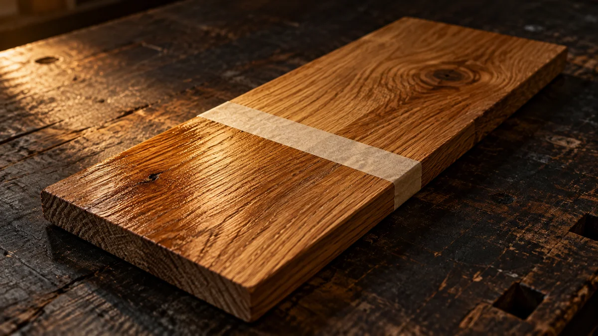 Eine massive Holzbohle mit quer verlaufendem Abdeckband liegt diagonal auf einer dunklen, abgenutzten Werkbank und veranschaulicht symbolisch gezielten Datenschutz beim KI-Einsatz im Handwerk.