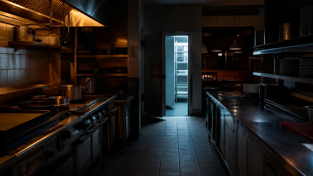 Eine menschenleere Restaurantküche nach Betriebsschluss mit warmer Kochzone und geöffnetem, beleuchtetem Kühlraum verdeutlicht die verschiedenen Energieverbraucher und das Optimierungspotenzial in der Gastronomie.