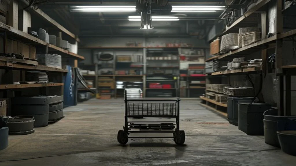 Ein dunkel ausgeleuchtetes Ersatzteillager einer Autowerkstatt mit gefüllten Regalen, Behältern und einem Teilewagen verdeutlicht das Potenzial einer optimierten Materialdisposition.