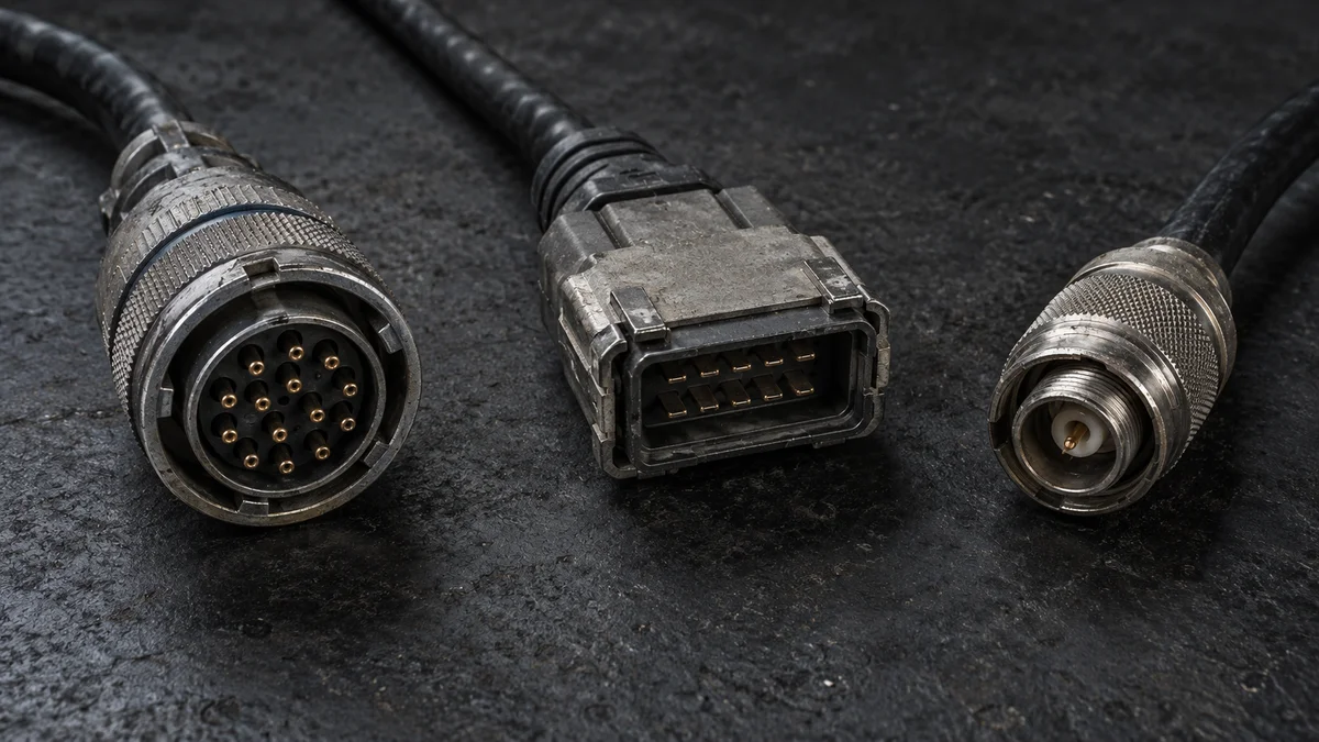 Drei unterschiedliche industrielle Kabelstecker mit Metallgehäusen, Gebrauchsspuren und sichtbaren Kontakten liegen auf einer dunklen Werkstattunterlage und veranschaulichen das Thema Anbindung in der KI-gestützten Fertigung.