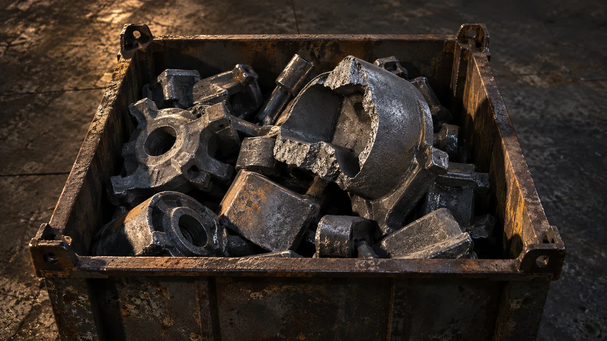 Ein rostiger Stahlbehälter mit schweren Metallgussteilen und einem aufgebrochenen Gehäuseteil auf dunklem Hallenboden veranschaulicht Materialverluste als Ansatzpunkt für die KI-Kostenplanung in der Fertigung.