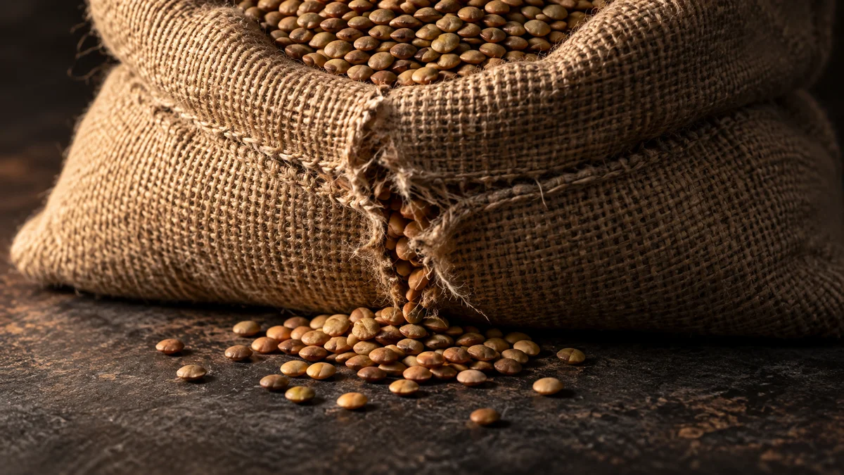 Aus der aufgerissenen Naht eines Jutesacks treten Linsen auf eine dunkle Steinfläche aus – ein Sinnbild für Lieferausfälle in der Gastronomie, deren Risiken KI frühzeitig erkennen soll.