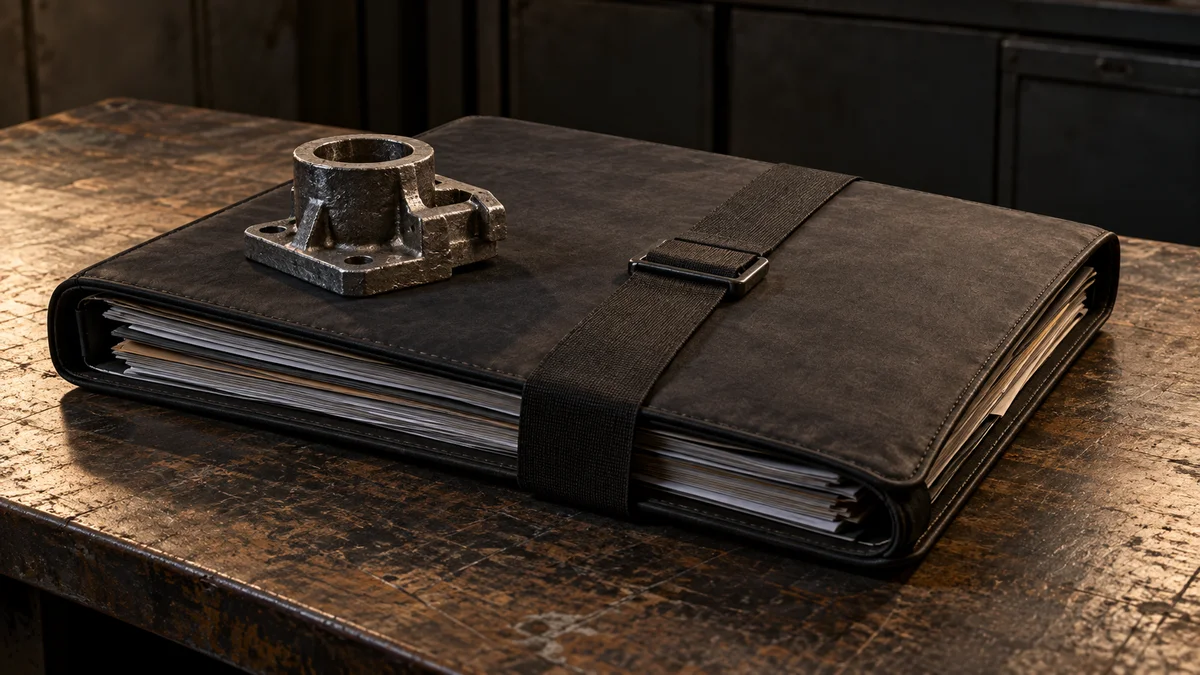 Eine dick gefüllte, mit einem breiten Gurt verschlossene Projektmappe mit einem metallischen Gussbauteil darauf liegt auf einer abgenutzten Werkbank und symbolisiert zurückgestellte Förderplanung für KI-Projekte im Handwerk.