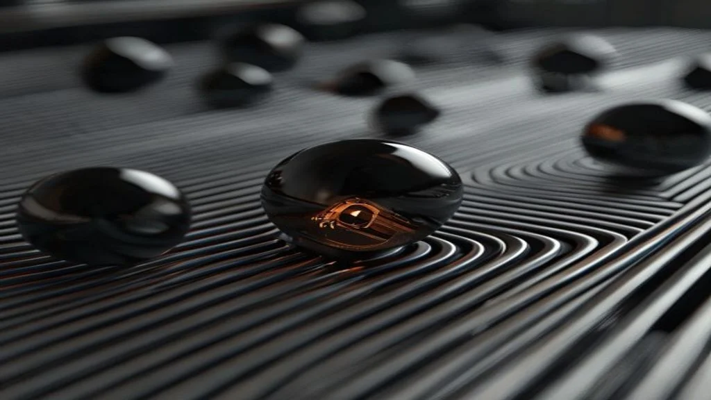 Schwarze Kugeln liegen auf einer dunklen, gerillten Sortierfläche, während eine zentrale Kugel mit kupferfarbenem Mechanikdetail die automatisierte Priorisierung im Incident Management symbolisiert.