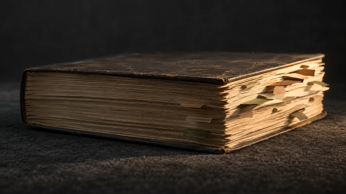 Ein geschlossenes, stark abgegriffenes Buch mit dunklem Einband, vergilbten Seiten und unbeschrifteten Registerfähnchen veranschaulicht klassische Recherche als Bezugspunkt für den Artikel zur KI-Nutzung in Kanzleien.