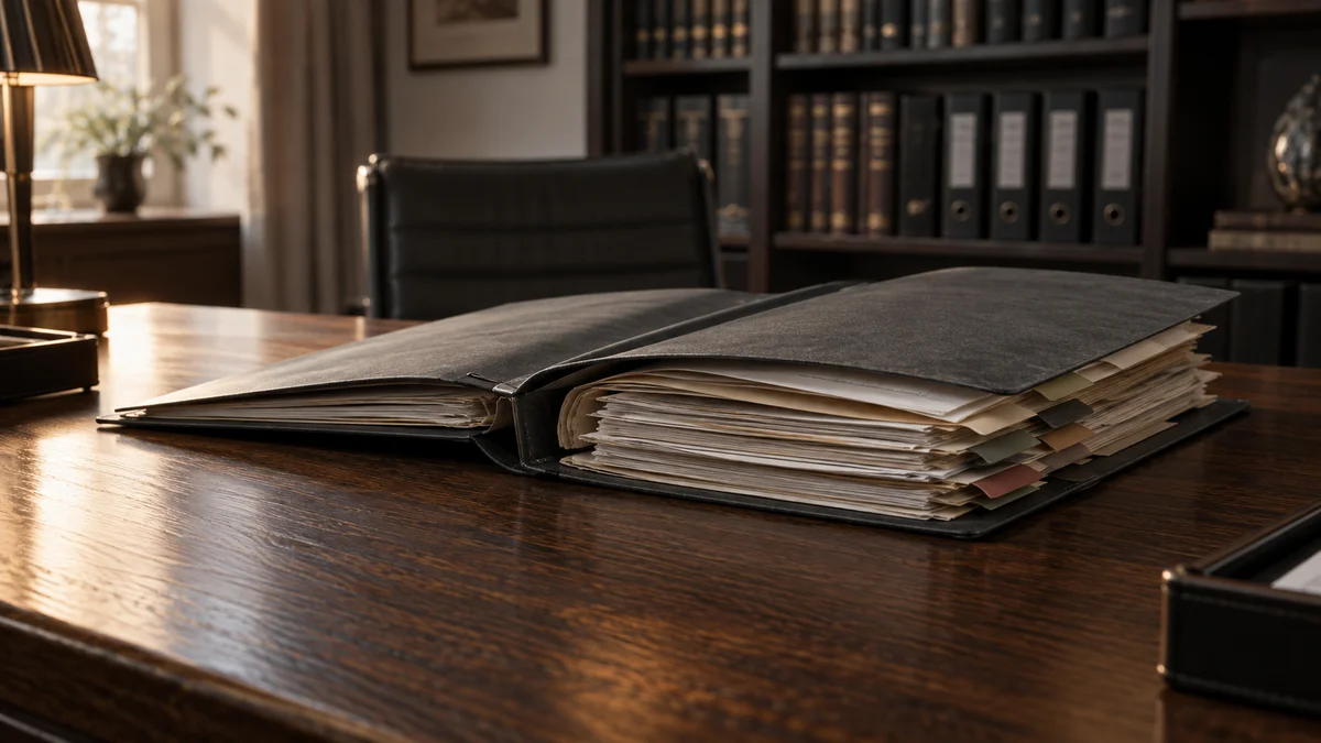 Eine überfüllte, aufgeklappte Aktenmappe mit Dokumenten und Registerreitern liegt auf einem Holzschreibtisch in einer Kanzlei und veranschaulicht den Dokumentationsaufwand bei der KI-Compliance.
