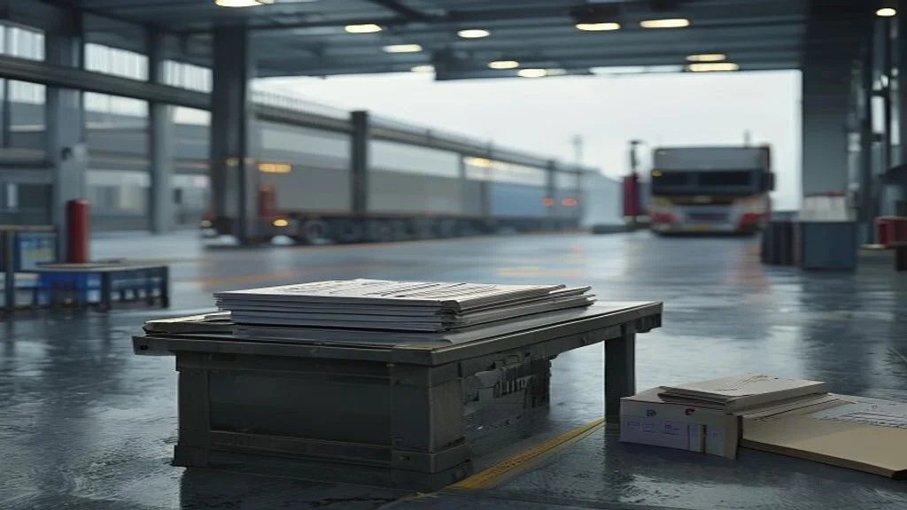 Eine menschenleere, dunkle Fracht- und Zollhalle mit Kontrolltisch, Transportkiste, gestapelten Dokumenten und unscharfen Lkw-Aufliegern verdeutlicht die automatisierte Zollabwicklung in Speditionen.