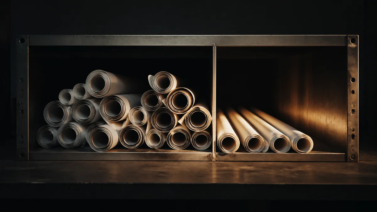 Gerollte Baupläne liegen links dicht und ungeordnet in einem Metallregal, während rechts sauber ausgerichtete Rollen die Prozessoptimierung bei Kostenvoranschlägen im Handwerk verdeutlichen.