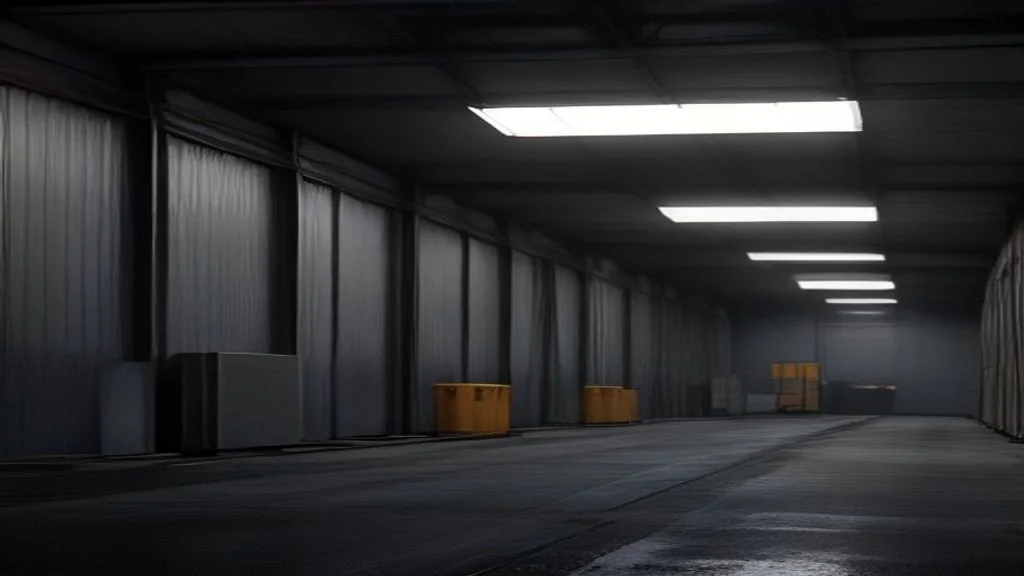 Eine abgedunkelte, menschenleere Umschlaghalle mit gelb-orangen Transportkisten entlang eines Fahrwegs veranschaulicht das Potenzial automatisierter Kundenbenachrichtigungen in der Logistik.