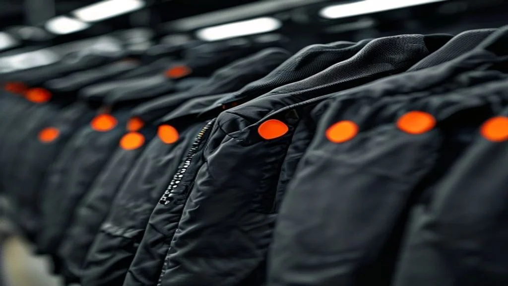 Dicht nebeneinander hängende schwarze Jacken mit orange markierten Reißverschlüssen veranschaulichen die Erkennung wiederkehrender Reklamationsmuster im Handel.