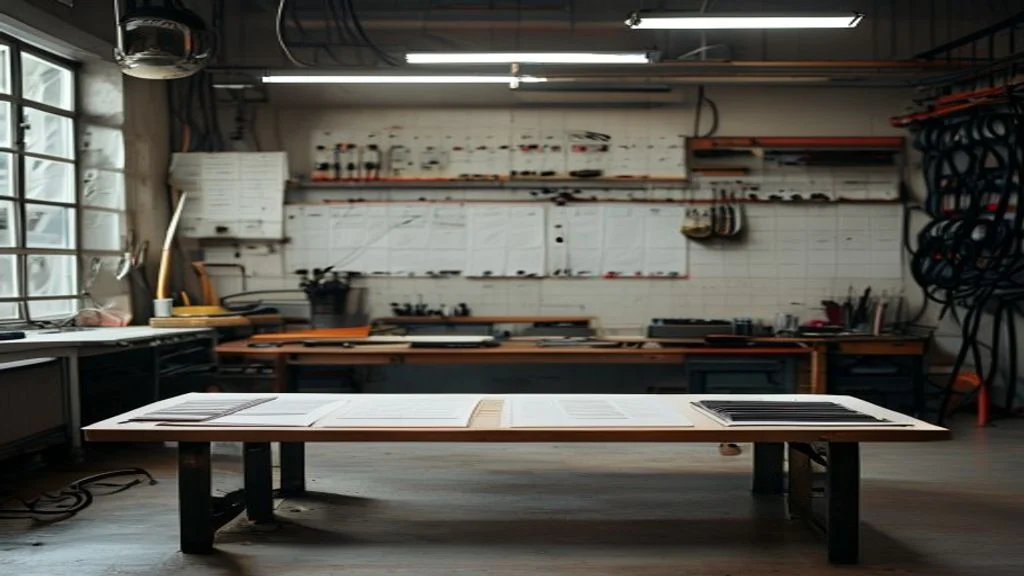 Eine abgedunkelte, menschenleere Elektrowerkstatt mit Kabelrollen, Werkzeugbereichen sowie Unterlagen und Materialmustern auf einem Arbeitstisch veranschaulicht das Umfeld für automatisierte Lead-Qualifizierung im Handwerk.