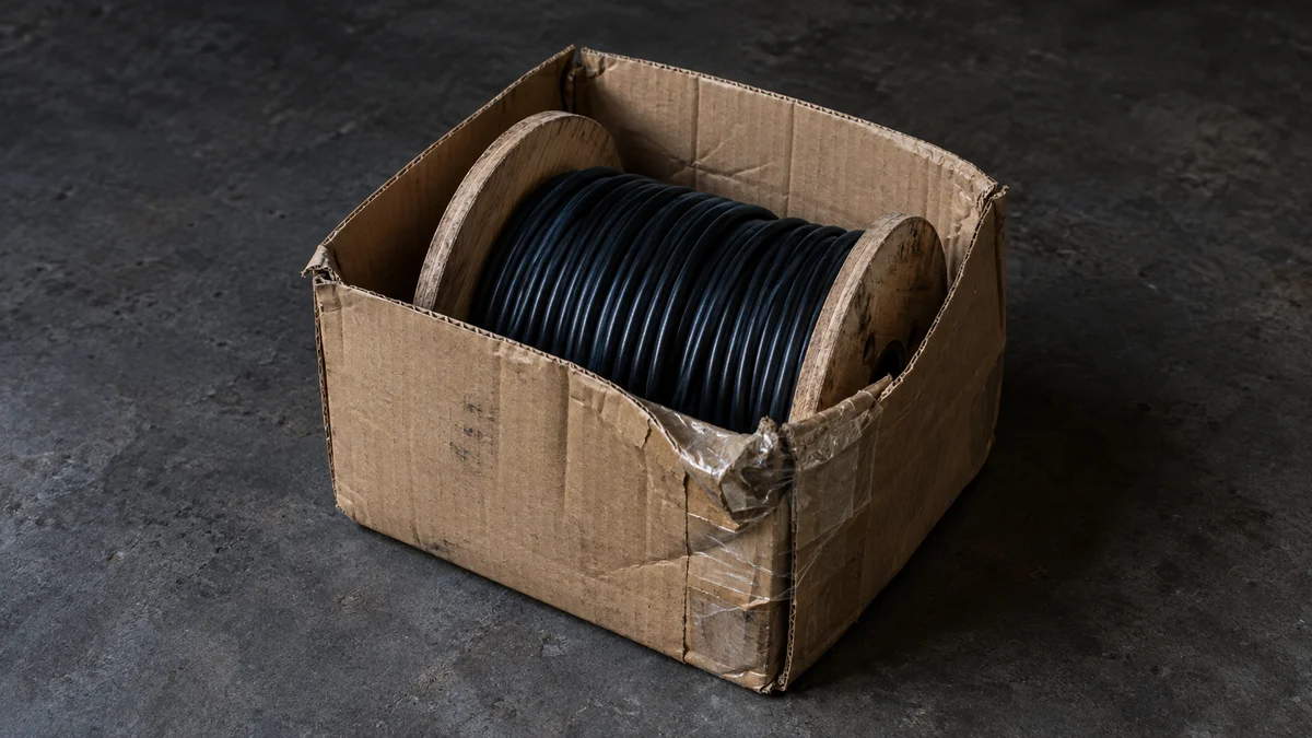 Eine Holztrommel mit schwarzem Kabel liegt in einem eingedrückten, mit transparentem Klebeband reparierten Versandkarton – ein Sinnbild für Lieferausfallrisiken im Handel.