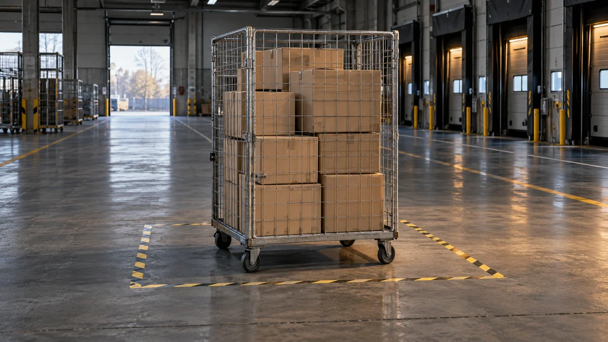 Ein mit unbeschrifteten Kartons beladener Gitterrollcontainer steht auf einer gelb-schwarz markierten Bodenfläche in einer menschenleeren Versandhalle und veranschaulicht den Logistikkontext der datenschutzkonformen KI-Tool-Auswahl.