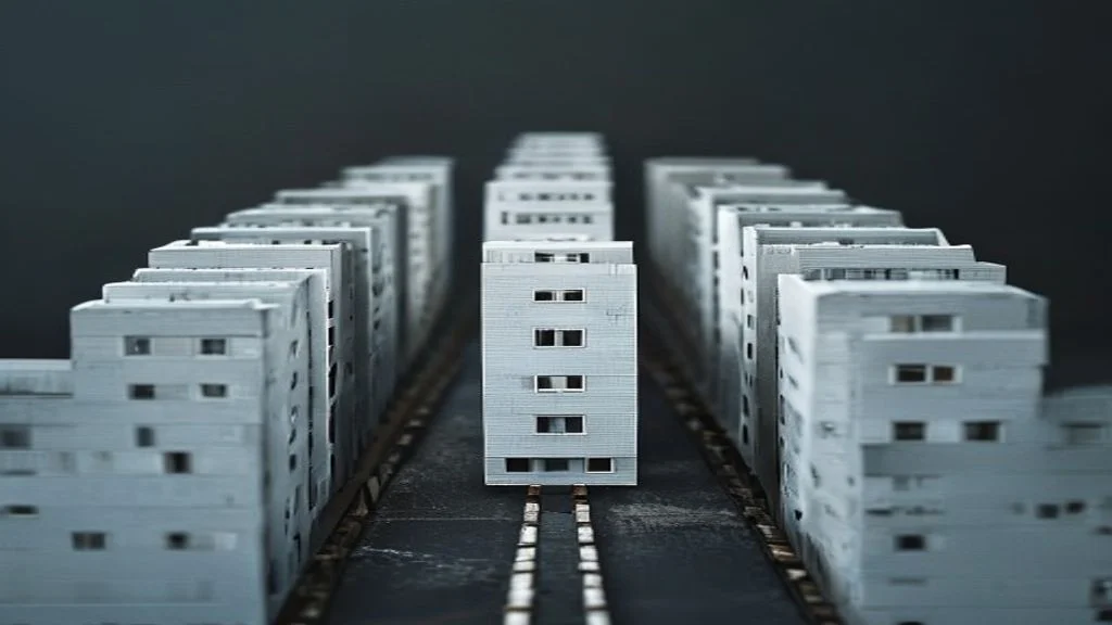 Weiße Miniatur-Wohnhäuser auf dunklen Führungsschienen verdeutlichen ein Nadelöhr in der automatisierten Makler-Pipeline.