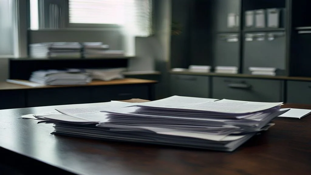 Ein überquellendes Ablagefach mit gestapelten Mandanten-Formularen, Ausweiskopien und Vollmachten auf einem Schreibtisch in einem Kanzlei-Backoffice dokumentiert den hohen Aufwand beim manuellen Mandanten-Onboarding.
