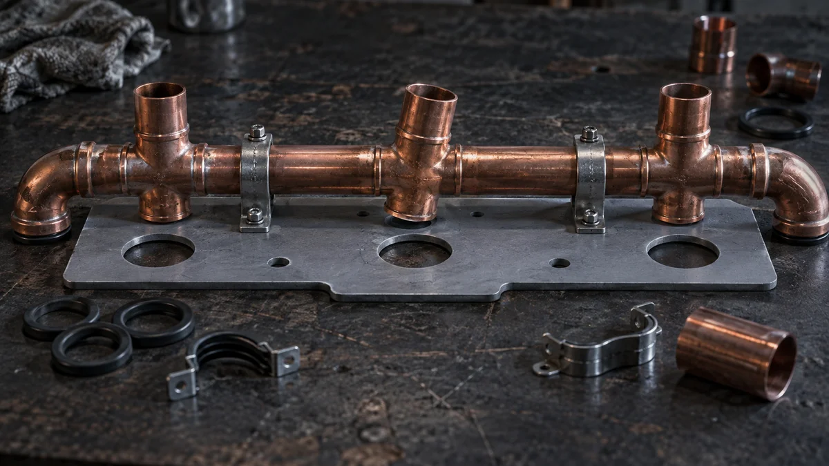 Ein vormontierter Kupferrohr-Verteiler liegt versetzt über einer metallischen Einbauschablone und veranschaulicht, wie Montageabweichungen im Handwerk zu Nacharbeit führen.