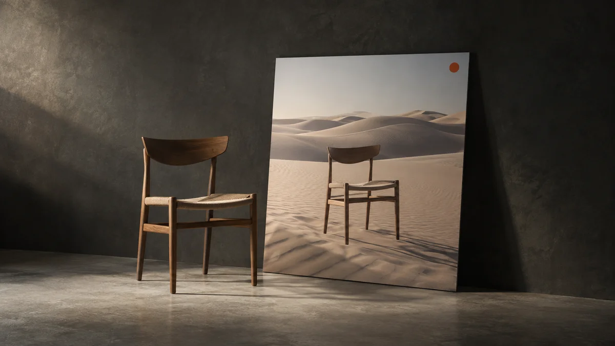 Ein Holzstuhl mit geflochtener Sitzfläche steht neben einem Bildabzug mit ähnlichem Stuhl in einer Dünenlandschaft und orangefarbenem Markierungspunkt als Motiv zur Kennzeichnung von KI-Inhalten im Onlinehandel.