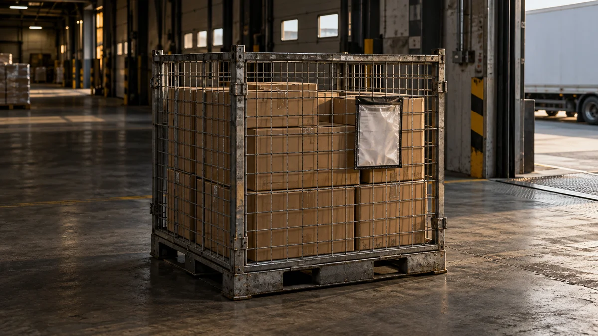 Eine Metallgitterbox mit geschlossenen Versandkartons und außen befestigter Dokumententasche steht im Versandbereich einer Lagerhalle und veranschaulicht den Versandprozess, den automatisierte Packzettelerstellung unterstützen kann.