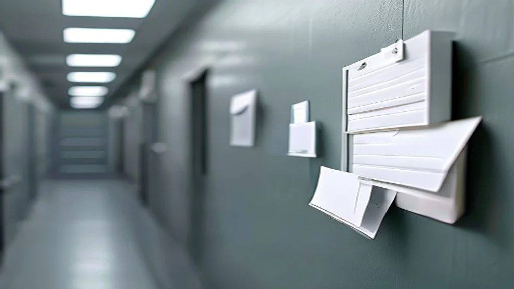 Wandmontierter Patientenfeedback-Kasten mit gefalteten Kommentarzetteln in einem Praxisflur – klassische Basis für automatisierte Zufriedenheitsanalyse.