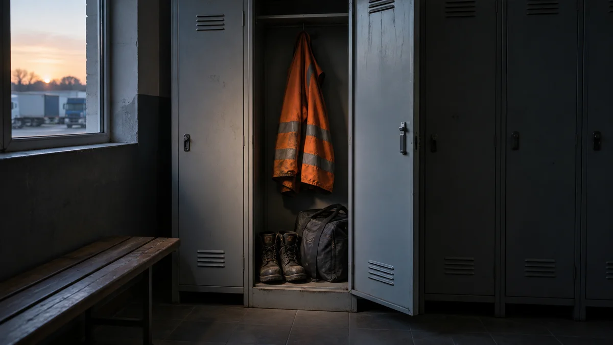 Ein offener Metallspind mit orangefarbener Warnkleidung, Arbeitsschuhen und dunkler Reisetasche in einer menschenleeren Umkleide veranschaulicht das Thema Fahrerausfallrisiko in Speditionen.