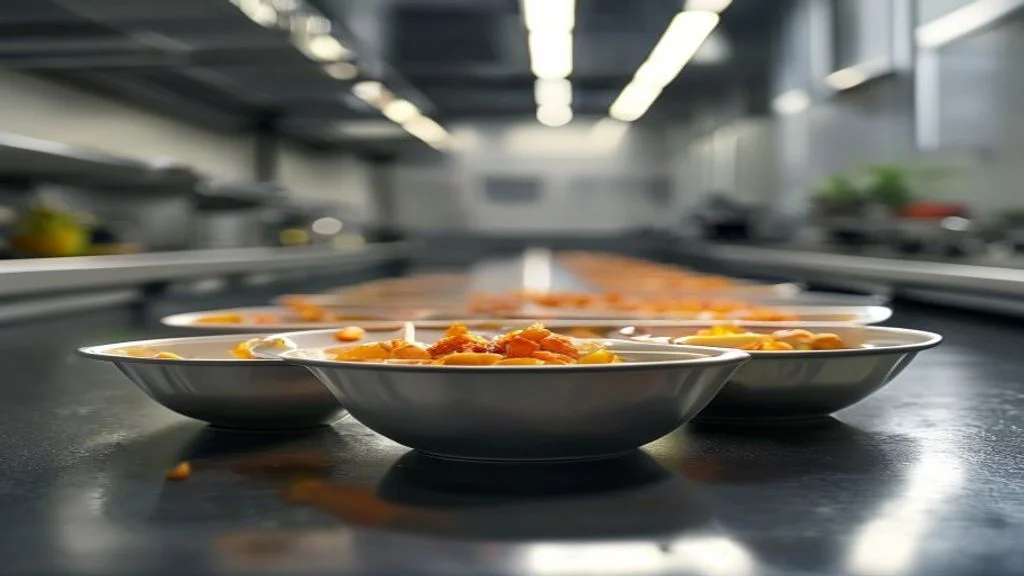 Mehrere Edelstahlschalen mit Speiseresten stehen auf einer Metallfläche in einer Großküche und veranschaulichen das Potenzial automatisierter Abfallerkennung zur Kostenoptimierung in der Gastronomie.