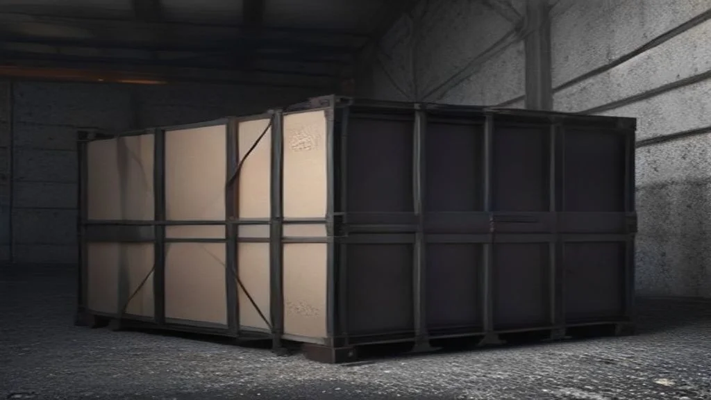 Ein großer geschlossener Metall-Ladungsträger steht zentral in einer dunklen, menschenleeren Verladehalle und verweist auf die datenbasierte Transportmittelauswahl in Speditionen.