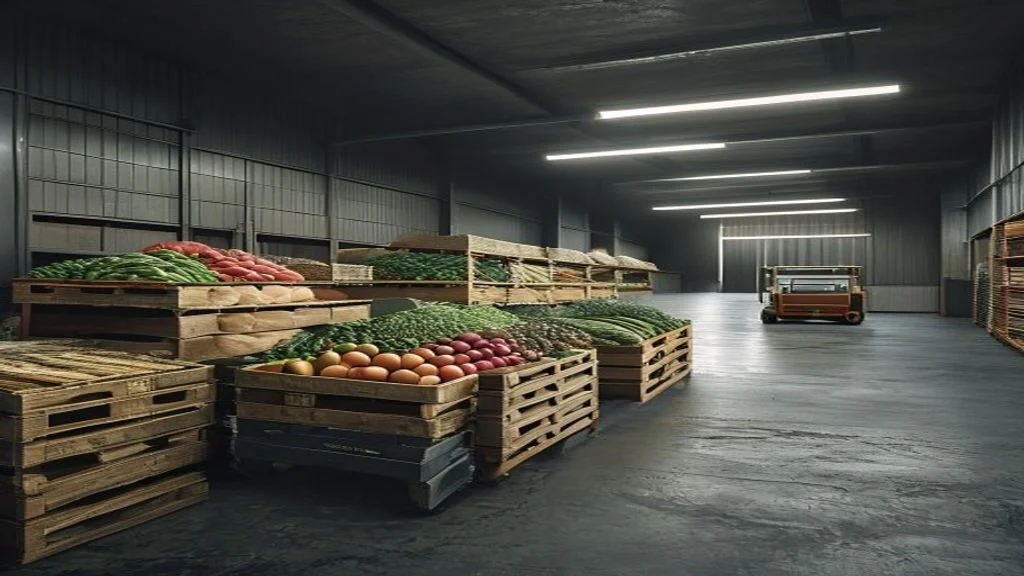 Wareneingang mit Frischware-Paletten und Hubwagen in einer Lagerhalle – die Arbeitssituation, in der KI-Verderbsprognosen Abschriften senken und Bestände optimieren.